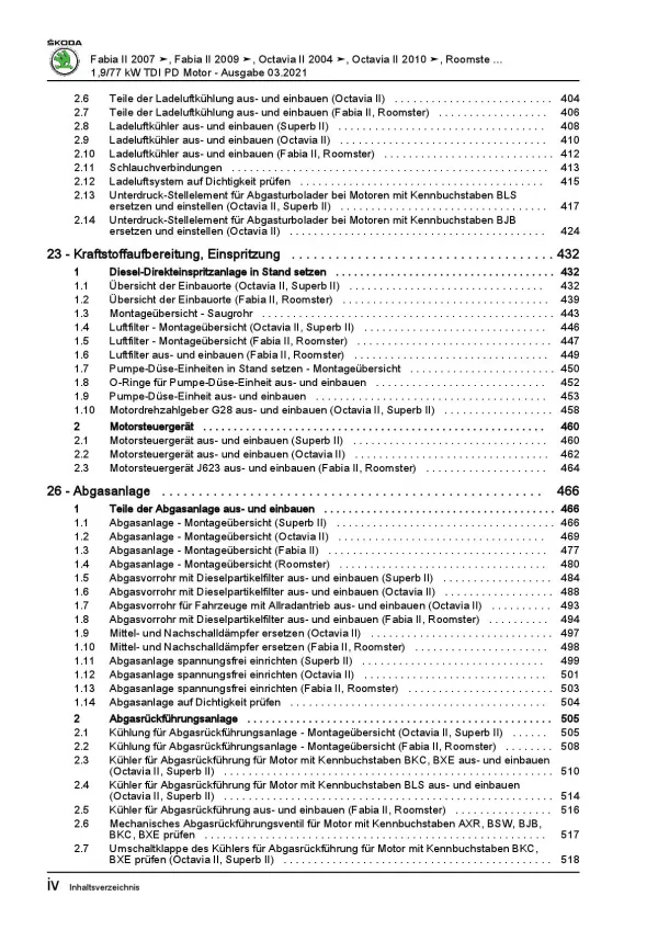 SKODA Roomster 5J (06-15) 4-Zyl. 1,9l Dieselmotor TDI 105 PS Reparaturanleitung