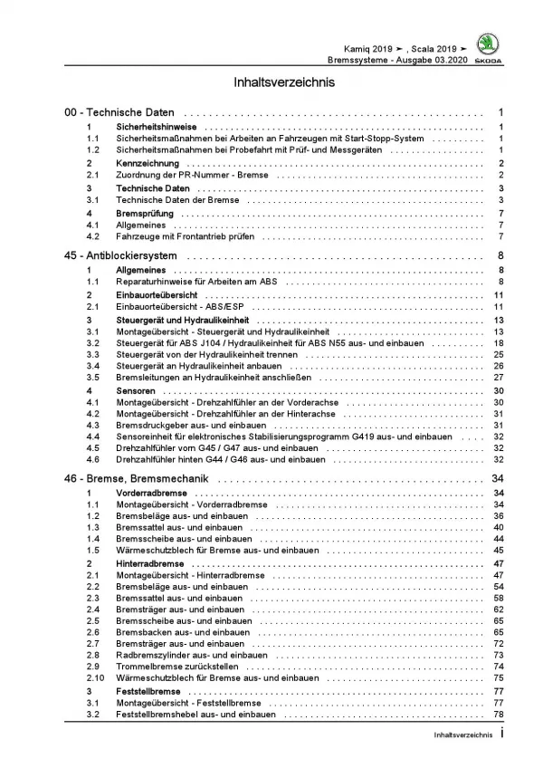 Skoda Scala Typ NW ab 2019 Bremsanlagen Bremsen System Reparaturanleitung PDF