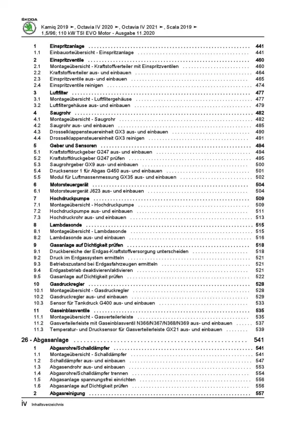 Skoda Scala NW ab 2019 4-Zyl. 1,5l Benzinmotor 130-150 PS Reparaturanleitung PDF