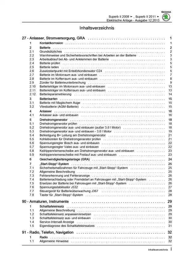 SKODA Superb Typ 3T 2008-2015 Elektrische Anlage Systeme Reparaturanleitung PDF