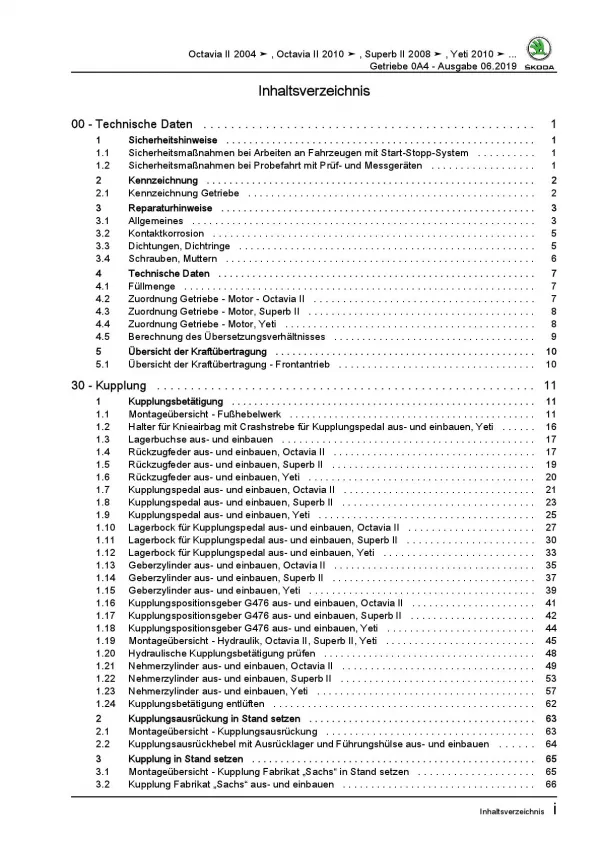 SKODA Superb 2008-2015 5 Gang Schaltgetriebe 0A4 Kupplung Reparaturanleitung PDF