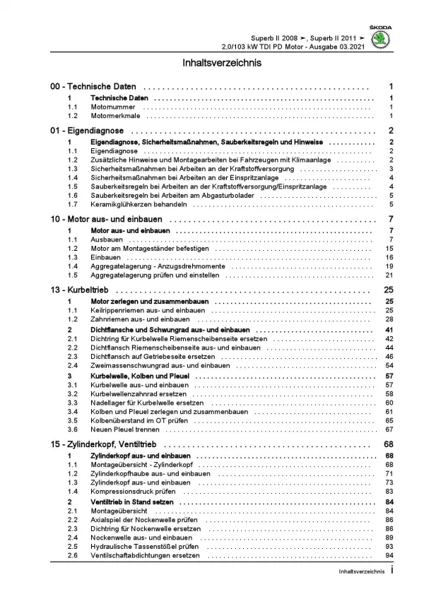 SKODA Superb 3T 2008-2015 4-Zyl. Dieselmotor 2,0l 140 PS Reparaturanleitung PDF