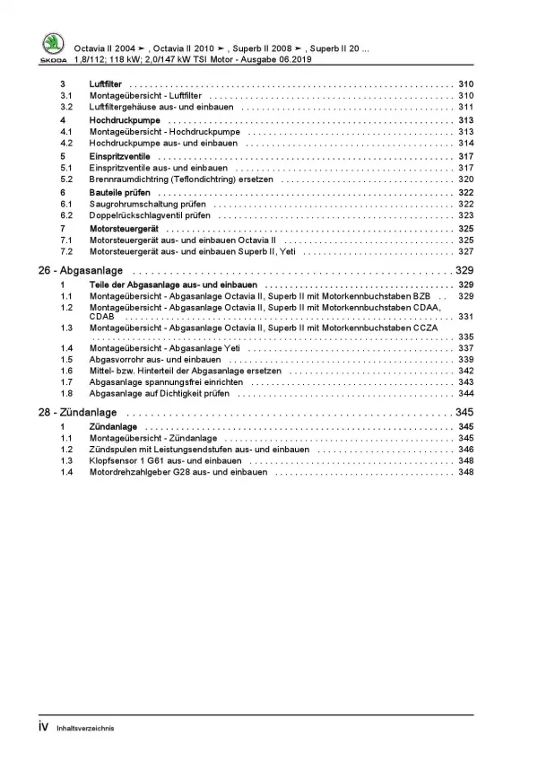 SKODA Superb 3T (08-15) 1,8l 2,0l Benzinmotor 152-200 PS Reparaturanleitung PDF