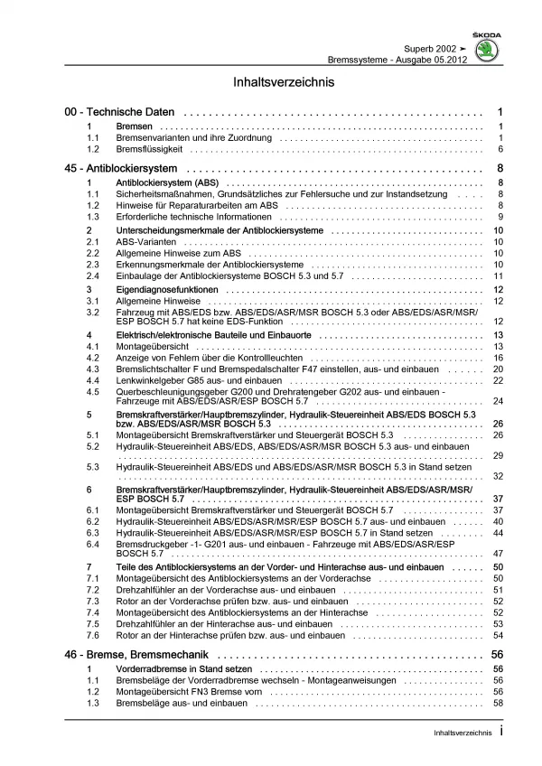 SKODA Superb Typ 3U 2001-2008 Bremsanlagen Bremsen System Reparaturanleitung PDF