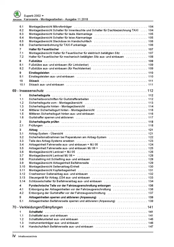 SKODA Superb I 3U 2001-2008 Karosseriearbeiten Innen Außen Reparaturanleitung