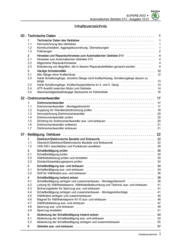 SKODA Superb 3U 2001-2008 5 Gang Automatikgetriebe 01V Reparaturanleitung PDF