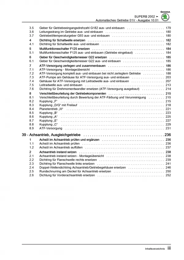 SKODA Superb 3U 2001-2008 5 Gang Automatikgetriebe 01V Reparaturanleitung PDF