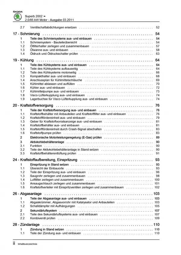 SKODA Superb 3U 2001-2008 4-Zyl. Benzinmotor 2,0l 150 PS Reparaturanleitung PDF