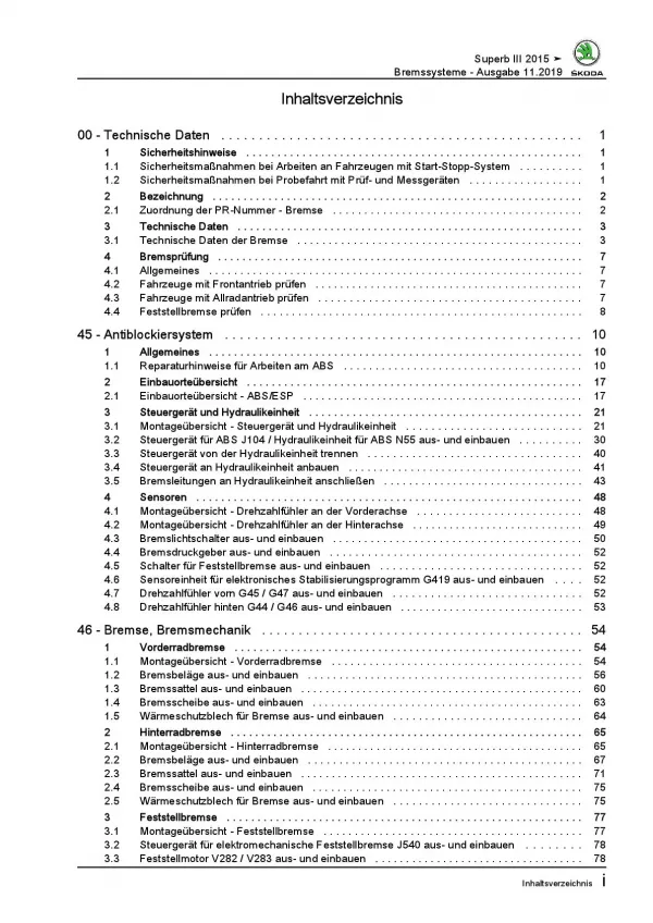 SKODA Superb Typ 3V ab 2015 Bremsanlagen Bremsen System Reparaturanleitung PDF