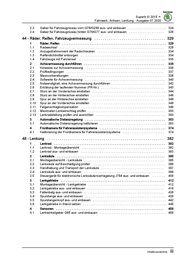 SKODA Superb Typ 3V ab 2015 Fahrwerk Achsen Lenkung Reparaturanleitung PDF