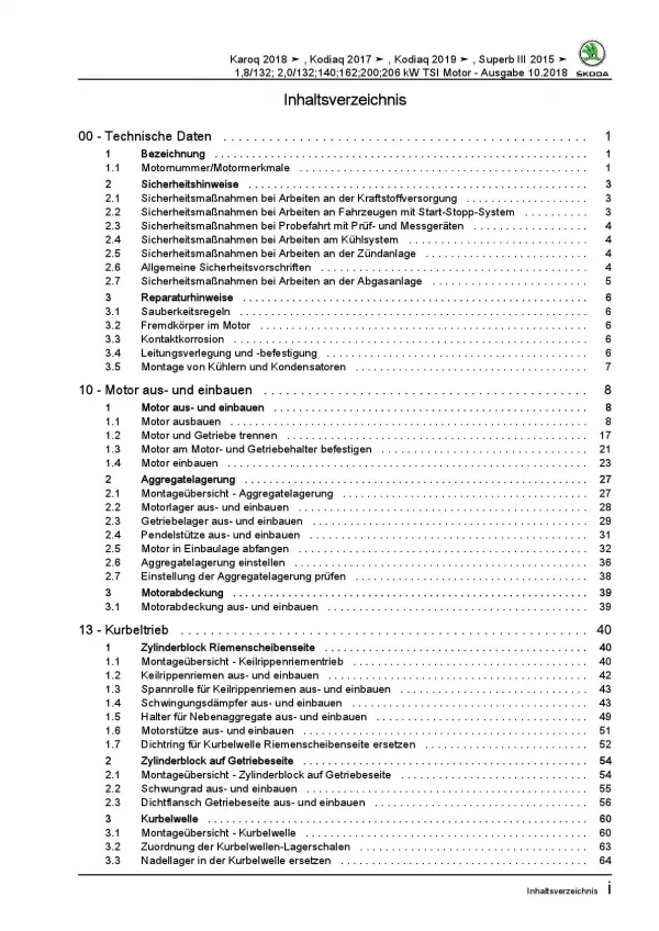 SKODA Superb 3V ab 2015 1,8l 2,0l Benzinmotor 180-280 PS Reparaturanleitung PDF