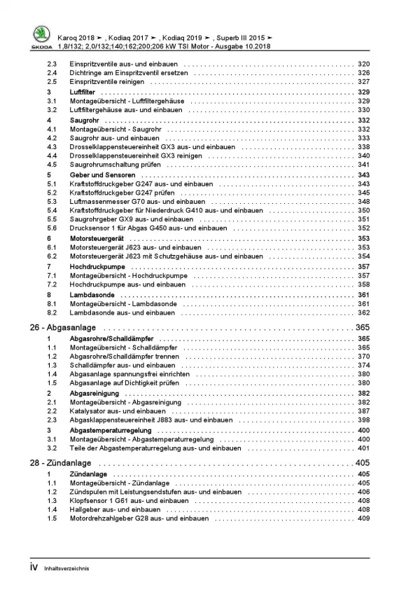 SKODA Superb 3V ab 2015 1,8l 2,0l Benzinmotor 180-280 PS Reparaturanleitung PDF