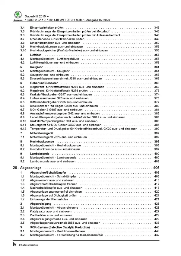 SKODA Superb 3V ab 2015 4-Zyl. Dieselmotor TDI 120-190 PS Reparaturanleitung PDF