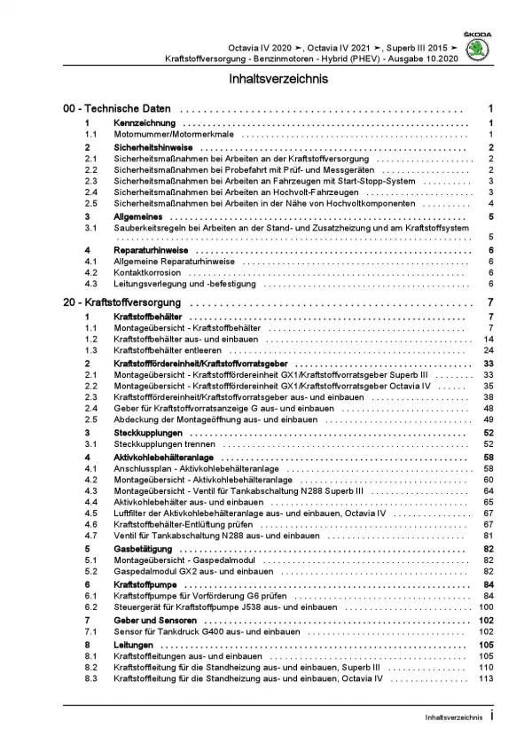 SKODA Superb ab 2015 Kraftstoffversorgung Benzin Hybrid Reparaturanleitung PDF