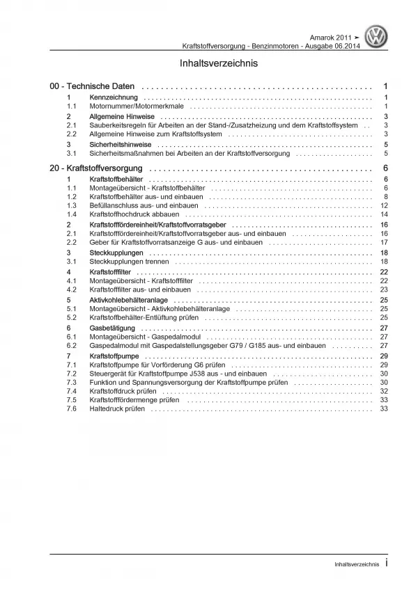VW Amarok Typ 2H (10>) Kraftstoffversorgung Benzinmotoren Reparaturanleitung PDF