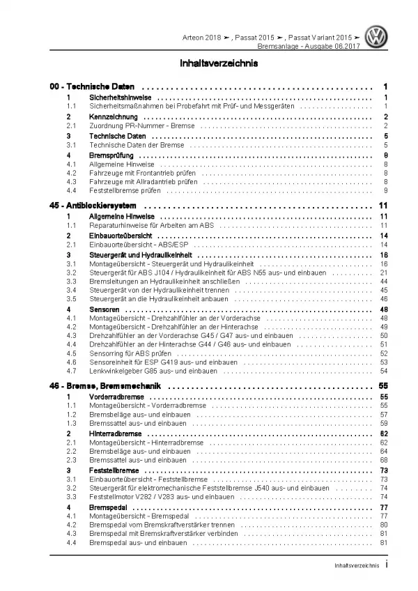 VW Arteon Typ 3H 2017-2020 Bremsanlagen Bremsen System Reparaturanleitung PDF