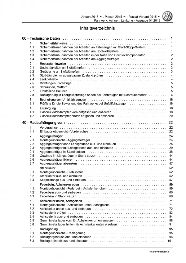 VW Arteon Typ 3H 2017-2020 Fahrwerk Achsen Lenkung Reparaturanleitung PDF