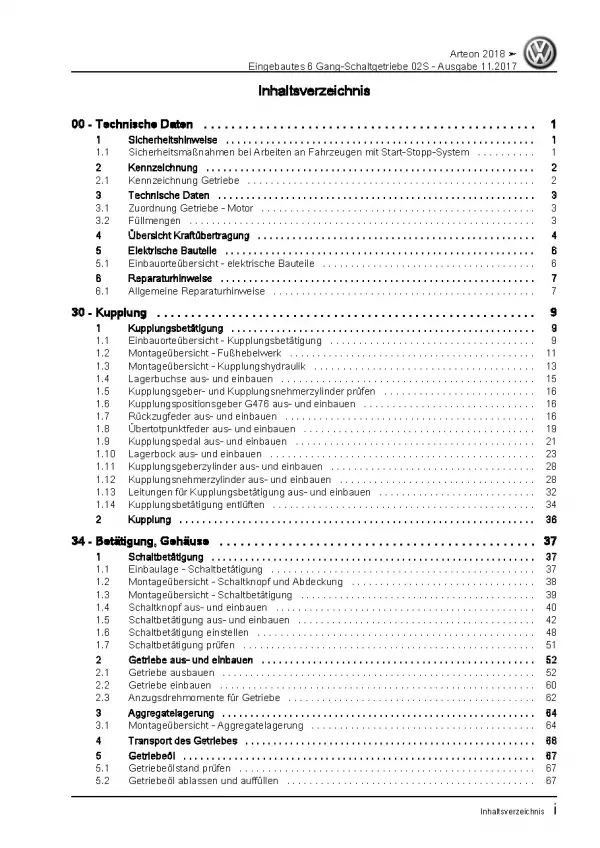 VW Arteon 3H 2017-2020 6 Gang Schaltgetriebe 02S Kupplung Reparaturanleitung PDF