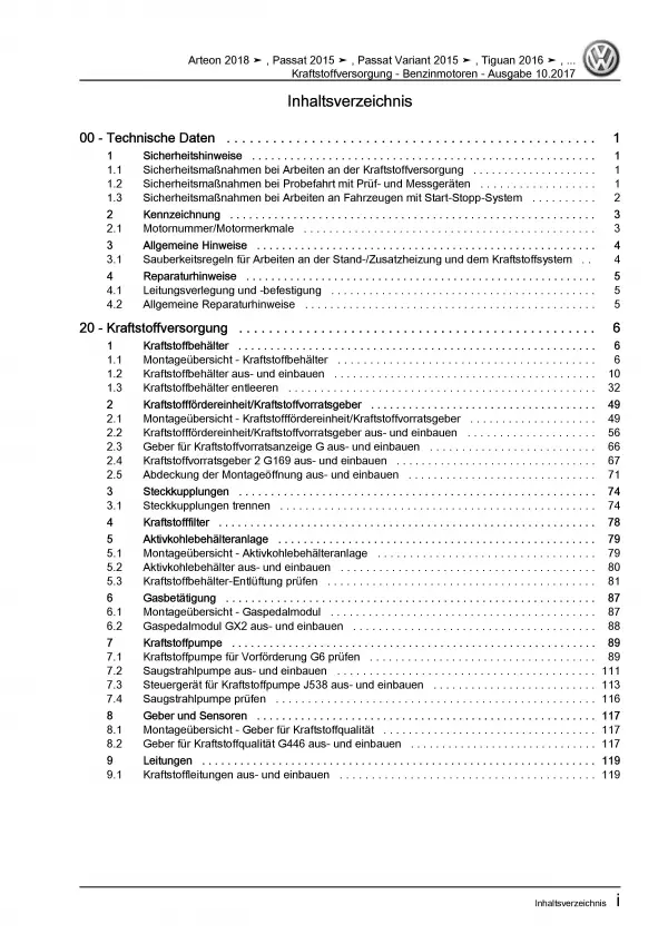 VW Arteon 3H 2017-2020 Kraftstoffversorgung Benzinmotoren Reparaturanleitung PDF