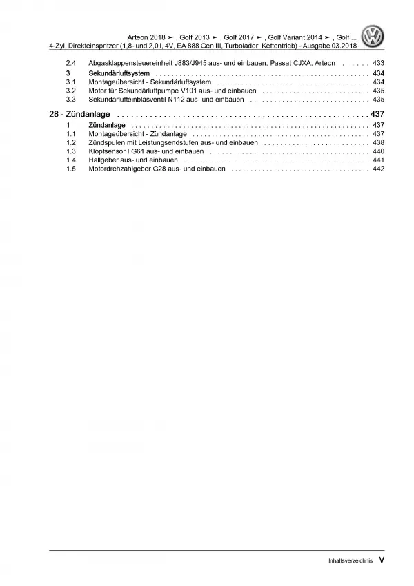 VW Arteon 3H (17-20) 4-Zyl. 1,8l 2,0l Benzinmotor 180-280 PS Reparaturanleitung