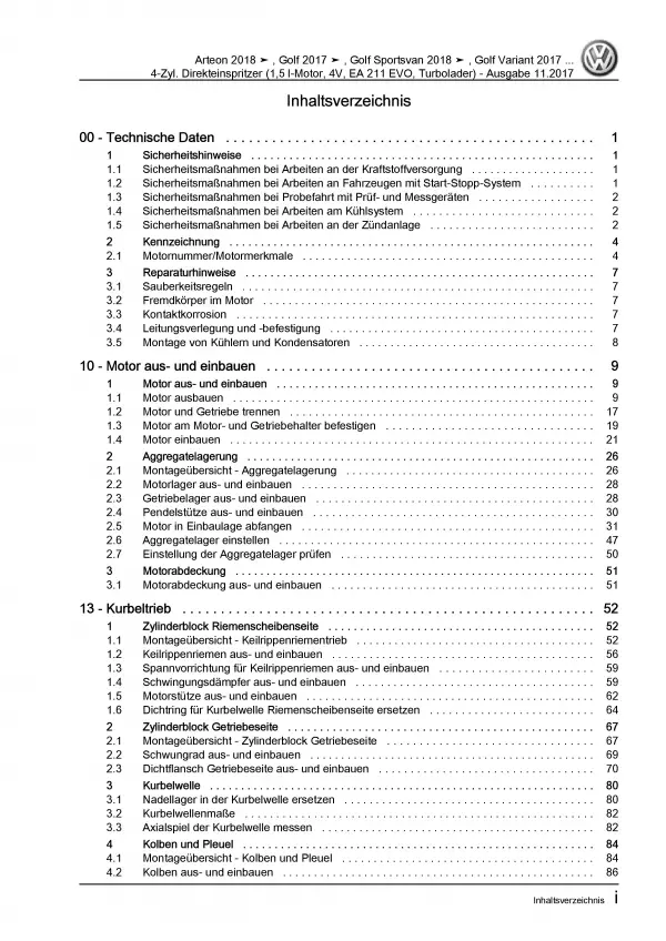 VW Arteon 3H 2017-2020 4-Zyl. 1,5l Benzinmotor 130-149 PS Reparaturanleitung