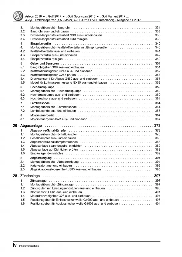VW Arteon 3H 2017-2020 4-Zyl. 1,5l Benzinmotor 130-149 PS Reparaturanleitung PDF