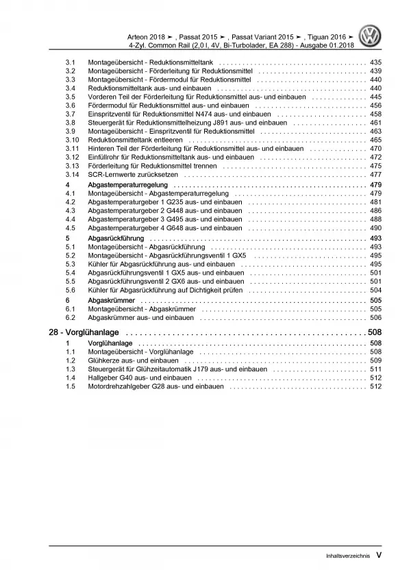 VW Arteon 3H 2017-2020 4-Zyl. 2,0l Dieselmotor TDI 239 PS Reparaturanleitung PDF