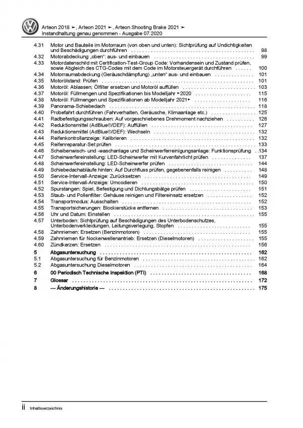 VW Arteon 3H ab 2020 Instandhaltung Inspektion Wartung Reparaturanleitung PDF