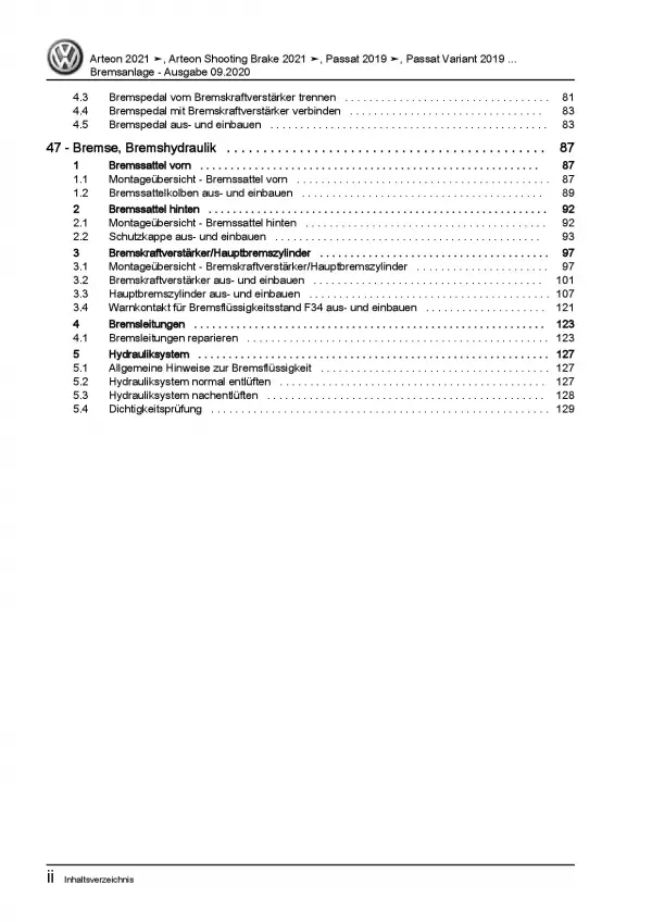 VW Arteon Typ 3H ab 2020 Bremsanlagen Bremsen System Reparaturanleitung