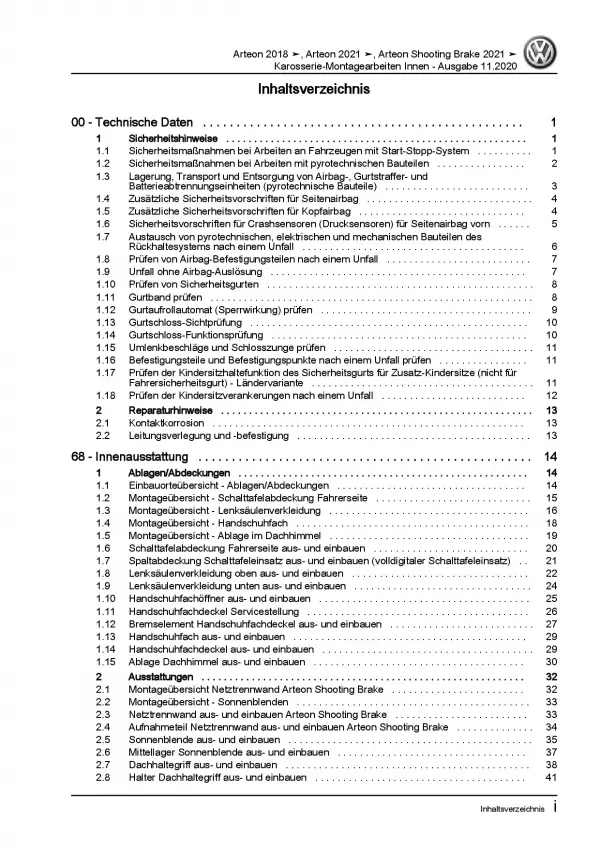 VW Arteon 3H ab 2020 Karosserie Montagearbeiten Innen Reparaturanleitung PDF