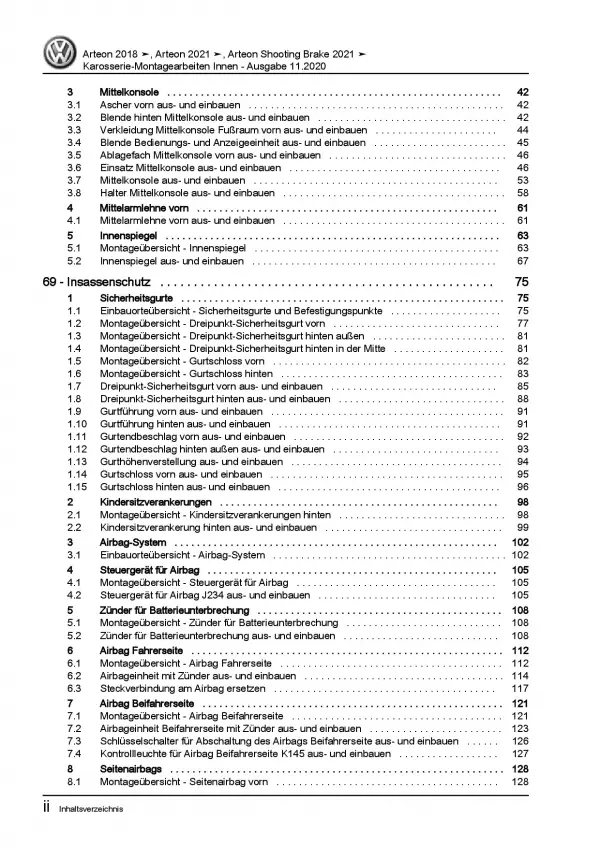 VW Arteon Typ 3H ab 2020 Karosserie Montagearbeiten Innen Reparaturanleitung