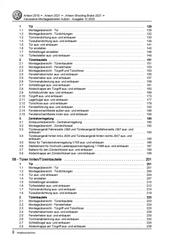 VW Arteon 3H ab 2020 Karosserie Montagearbeiten Außen Reparaturanleitung PDF