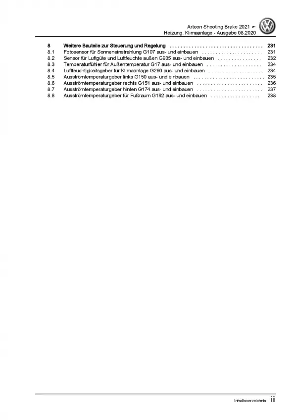 VW Arteon Typ 3H9 ab 2020 Heizung Belüftung Klimaanlage Reparaturanleitung
