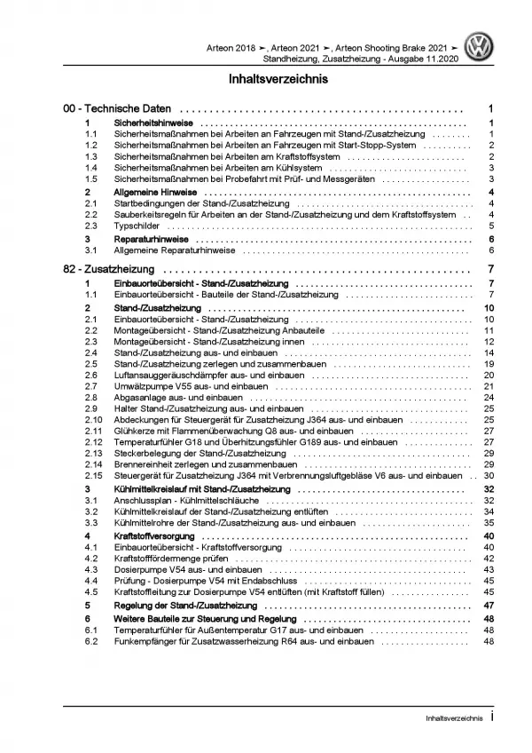 VW Arteon Typ 3H ab 2020 Standheizung Zusatzheizung Reparaturanleitung PDF