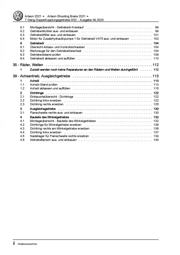 VW Arteon Typ 3H ab 2020 7 Gang Automatikgetriebe DSG DKG 0GC Reparaturanleitung
