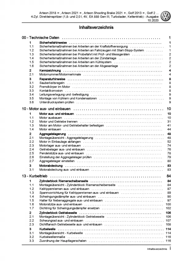 VW Arteon 3H ab 2020 1,8l 2,0l Benzinmotor 179-290 PS Reparaturanleitung PDF