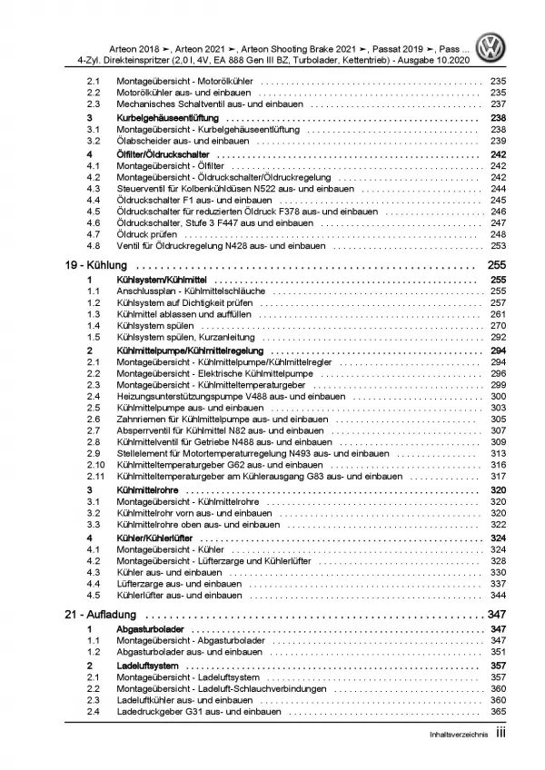 VW Arteon 3H ab 2020 4-Zyl. 2,0l Benzinmotor 179-200 PS Reparaturanleitung PDF