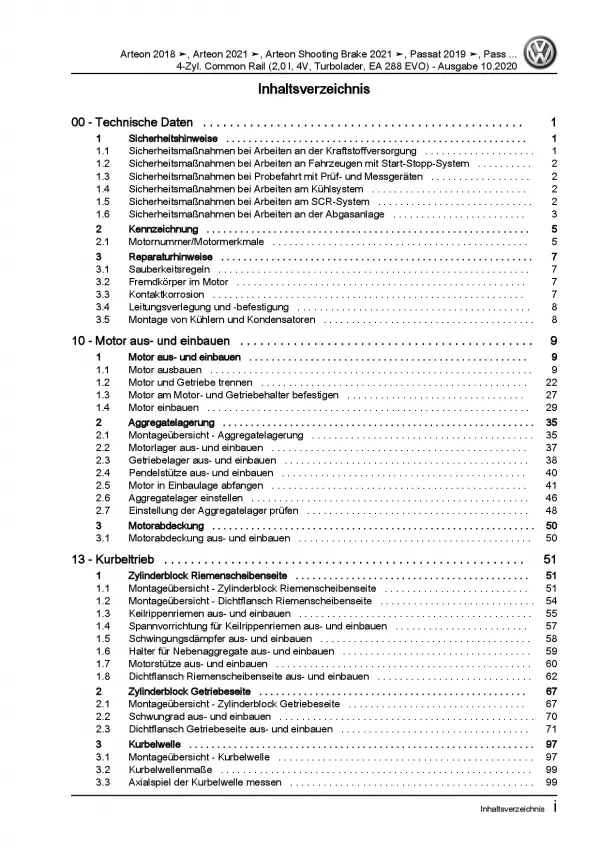 VW Arteon 3H ab 2020 4-Zyl. 2,0l Dieselmotor 150-200 PS Reparaturanleitung PDF