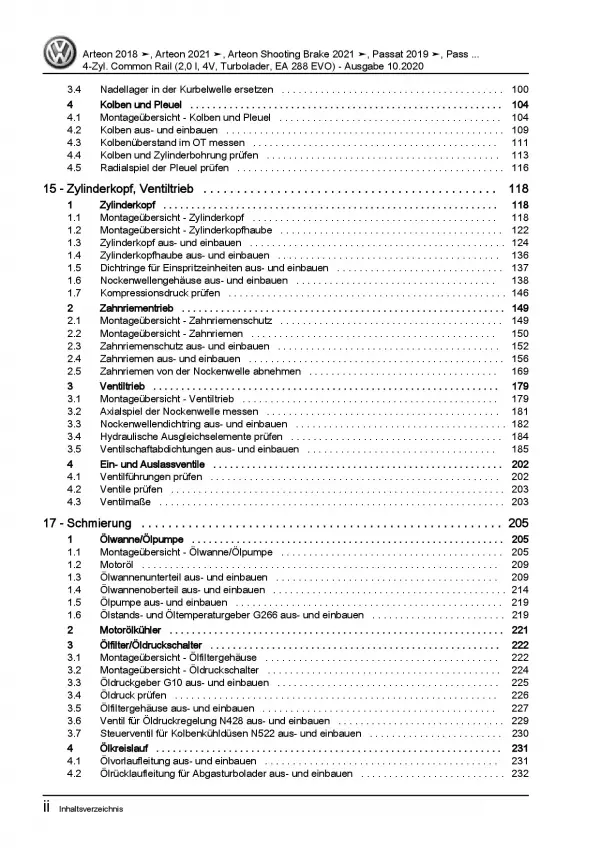 VW Arteon 3H ab 2020 4-Zyl. 2,0l Dieselmotor 150-200 PS Reparaturanleitung PDF