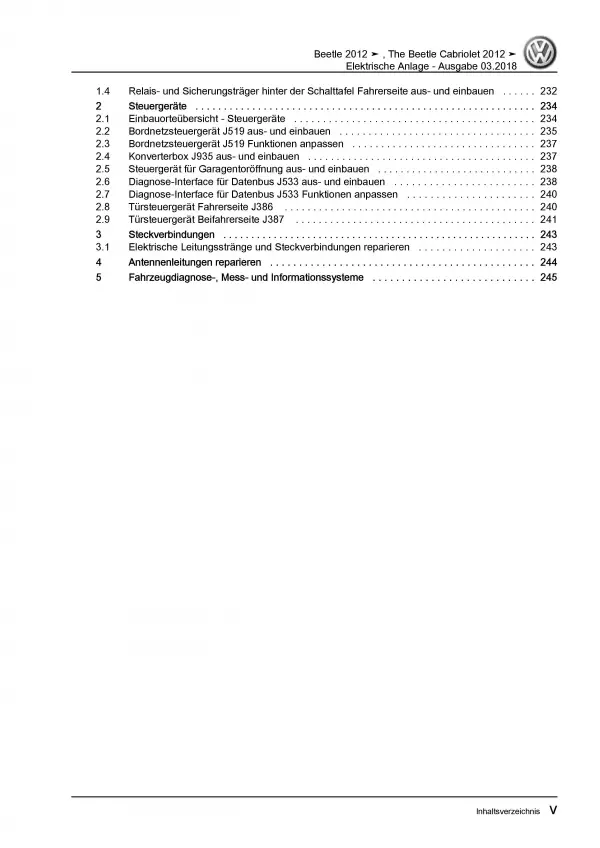 VW Beetle 5C (11-16) Elektrische Anlage Elektrik Systeme Reparaturanleitung PDF