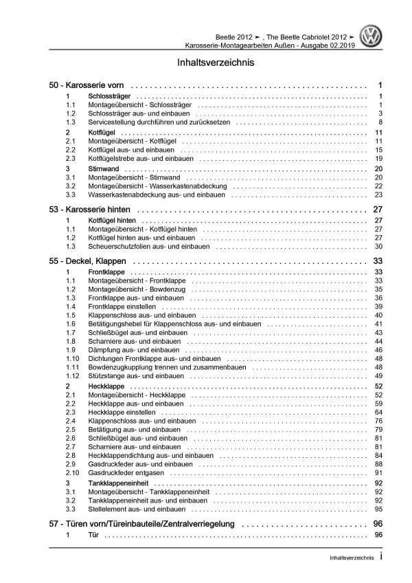 VW Beetle Typ 5C (11-16) Karosserie Montagearbeiten Außen Reparaturanleitung PDF