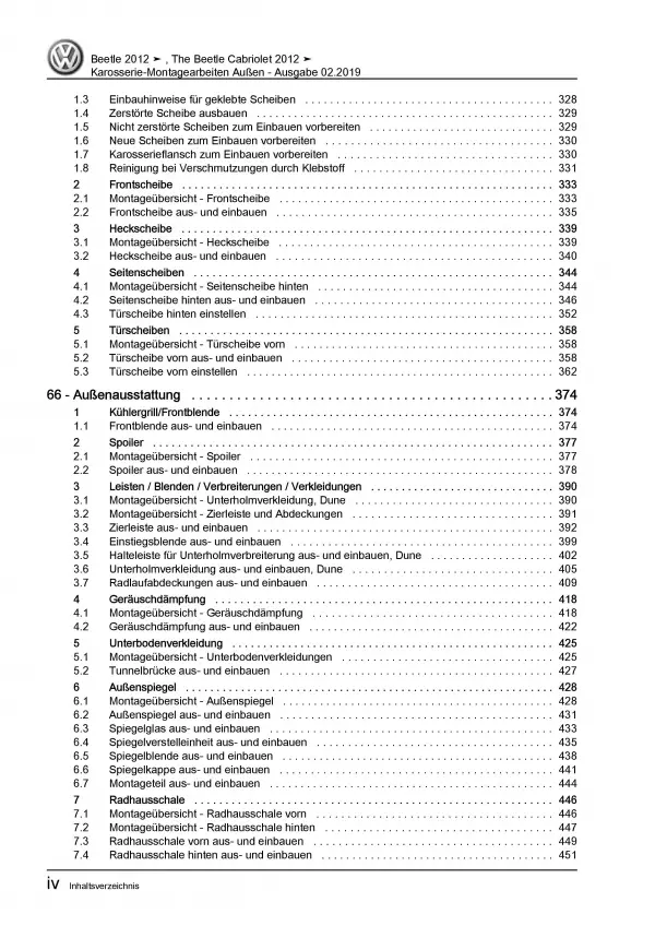 VW Beetle Typ 5C (11-16) Karosserie Montagearbeiten Außen Reparaturanleitung