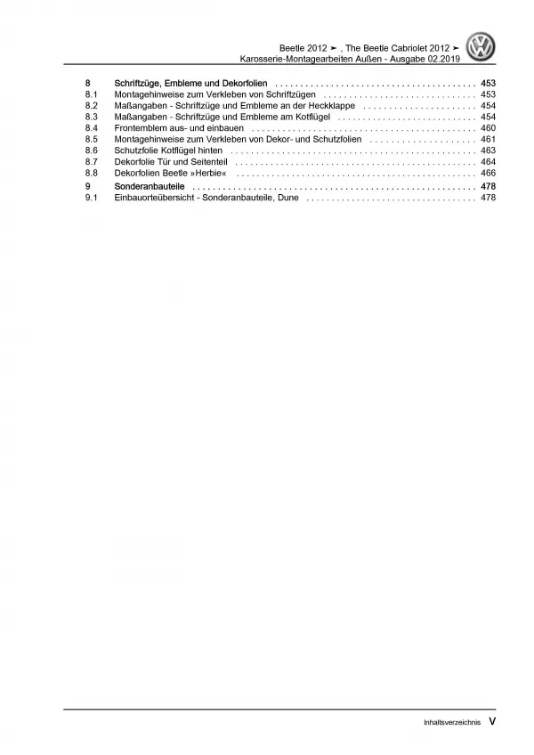 VW Beetle Typ 5C (11-16) Karosserie Montagearbeiten Außen Reparaturanleitung PDF