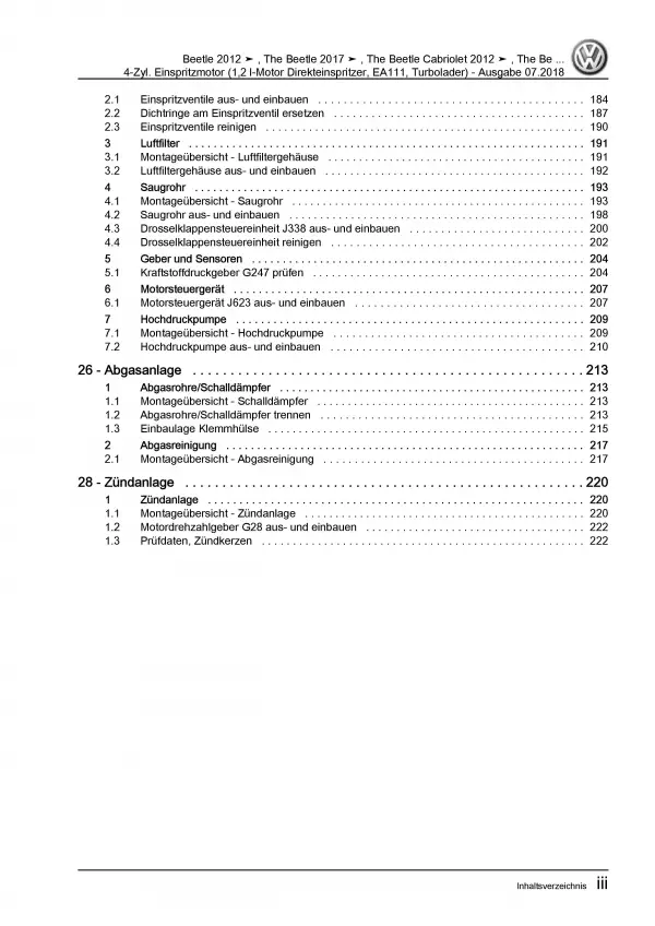 VW Beetle Typ 5C (11-16) 4-Zyl. 1,2l Benzinmotor 105 PS Reparaturanleitung PDF