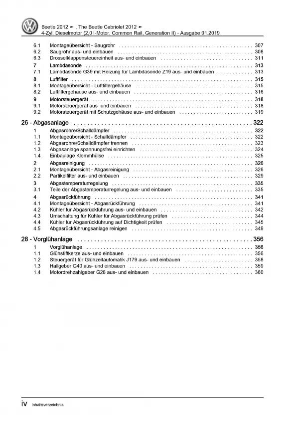 VW Beetle Typ 5C (11-16) 4-Zyl. 2,0l Dieselmotor TDI 140 PS Reparaturanleitung