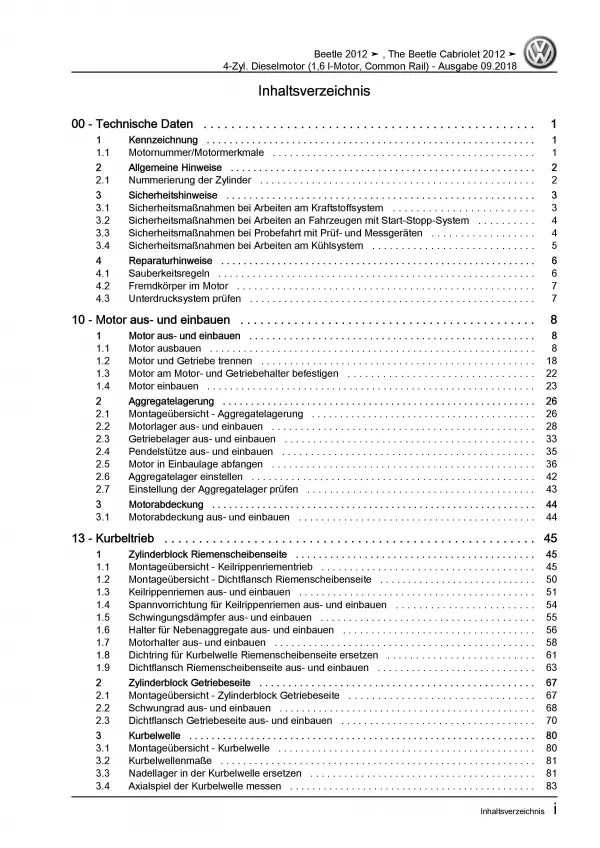 VW Beetle 5C (11-16) 4-Zyl. 1,6l Dieselmotor TDI 105 PS Reparaturanleitung PDF