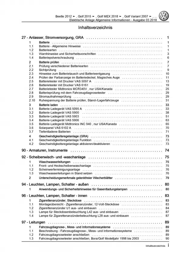 VW Beetle Typ NBL (16-19) Allgemeine Infos Elektrische Anlage Reparaturanleitung