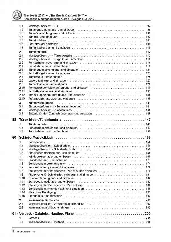 VW Beetle NBL (16-19) Karosserie Montagearbeiten Außen Reparaturanleitung PDF