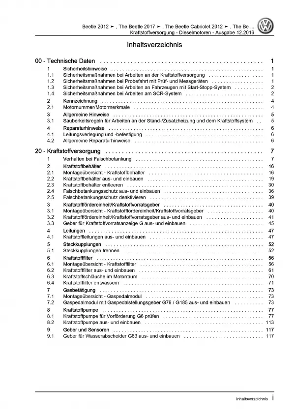 VW Beetle NBL (16-19) Kraftstoffversorgung Dieselmotoren Reparaturanleitung PDF