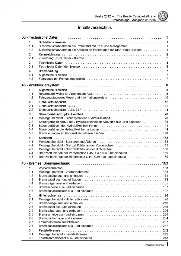 VW Beetle Cabrio 5C 2011-2016 Bremsanlagen Bremsen System Reparaturanleitung PDF